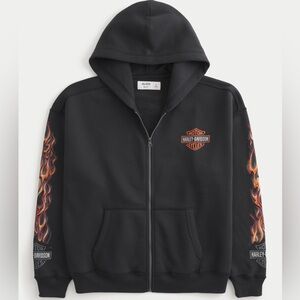Harley-Davidson x Hollister Black Zip Hoodie with Orange and Red Flame Sleeves